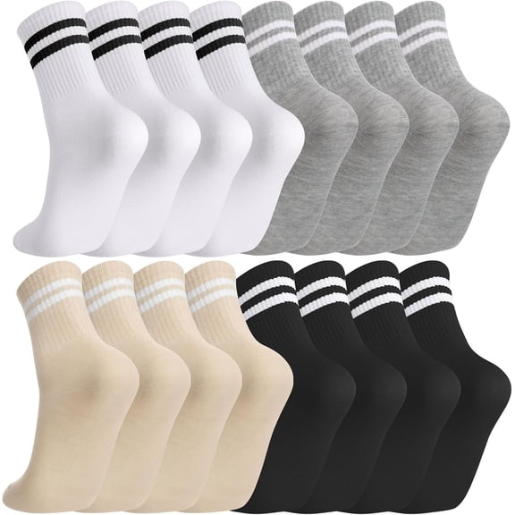 8 Pairs Womens Crew Socks Striped Women Sports Crew Socks, Size 6-8