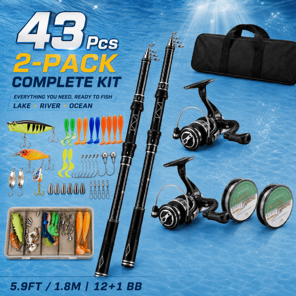 Doulami Fishing Poles 2-Pack, Fishing Rod with 43 Pcs Fishing Kit, 5.9ft Telescopic Carbon Fiber 12 1 BB Spinning Reel, 10LB Max Drag Anti-Tangle Ceramic Guides, with Tackle Bag
