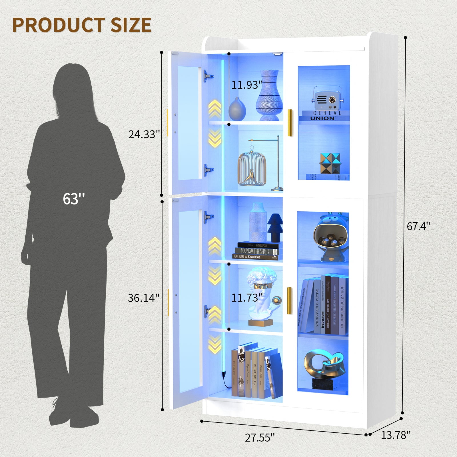 Homieasy 6-Shelf Bookcase with 4 Glass Doors, 67.4 inch Tall Bookcase with RGB LED Lights, for Living Room, Bedroom, Dorm Room, Black