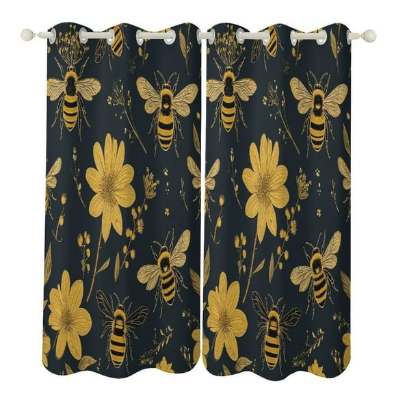 Bee Floral Pattern Blackout Curtains Window Drapes Room Darkening Thermal Insulated Grommets Blackout Curtains, for Living, Dining, Bedroom,2 Panels
