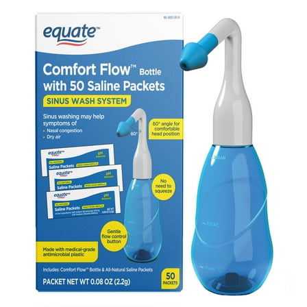 Equate Comfort Flow Bottle Nasal Wash System for Nasal Congestion, 50 Saline Packets, Blue