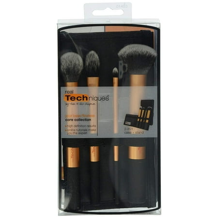 Real Techniques Core Collection Hand Cut Hair Design Makeup Brush Set, Includes: Detailer, Pointed Foundation, Buffing and Contour Brushes, with Brush