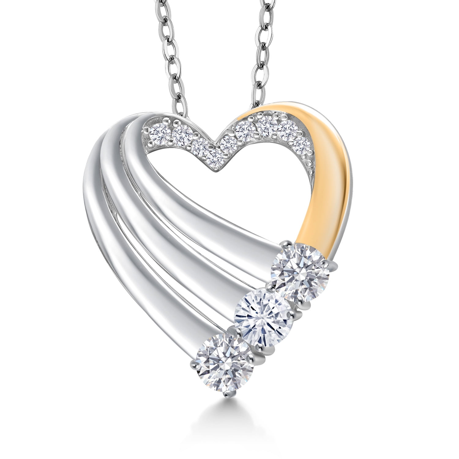 Gem Stone King 925 Silver and 10K Yellow Gold White Lab Grown Diamond and Moissanite Heart Pendant for Women | 0.87 Cttw | Gemstone April Birthstone | With 18 inch Chain