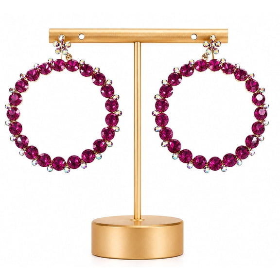 Fuchsia Crystal Rhinestone Hoop Earrings for Women, Oversized Open Circle Statement Earrings, Lightweight Glam Fashion Jewelry