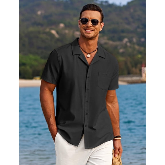 COOFANDY Men Button Down Shirt Beach Linen Shirts Summer Hawaiian Shirts Cuban Collar Shirts Short Sleeve Button Down Shirts
