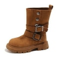 thumbnail image 5 of Girls Suede Riding Booties Fashion Western Buckle Straps Mid Calf Boots with Button Lug Sole Low Heel Fall Winter Ankle Boots Khaki 10 Little Kids, 5 of 6