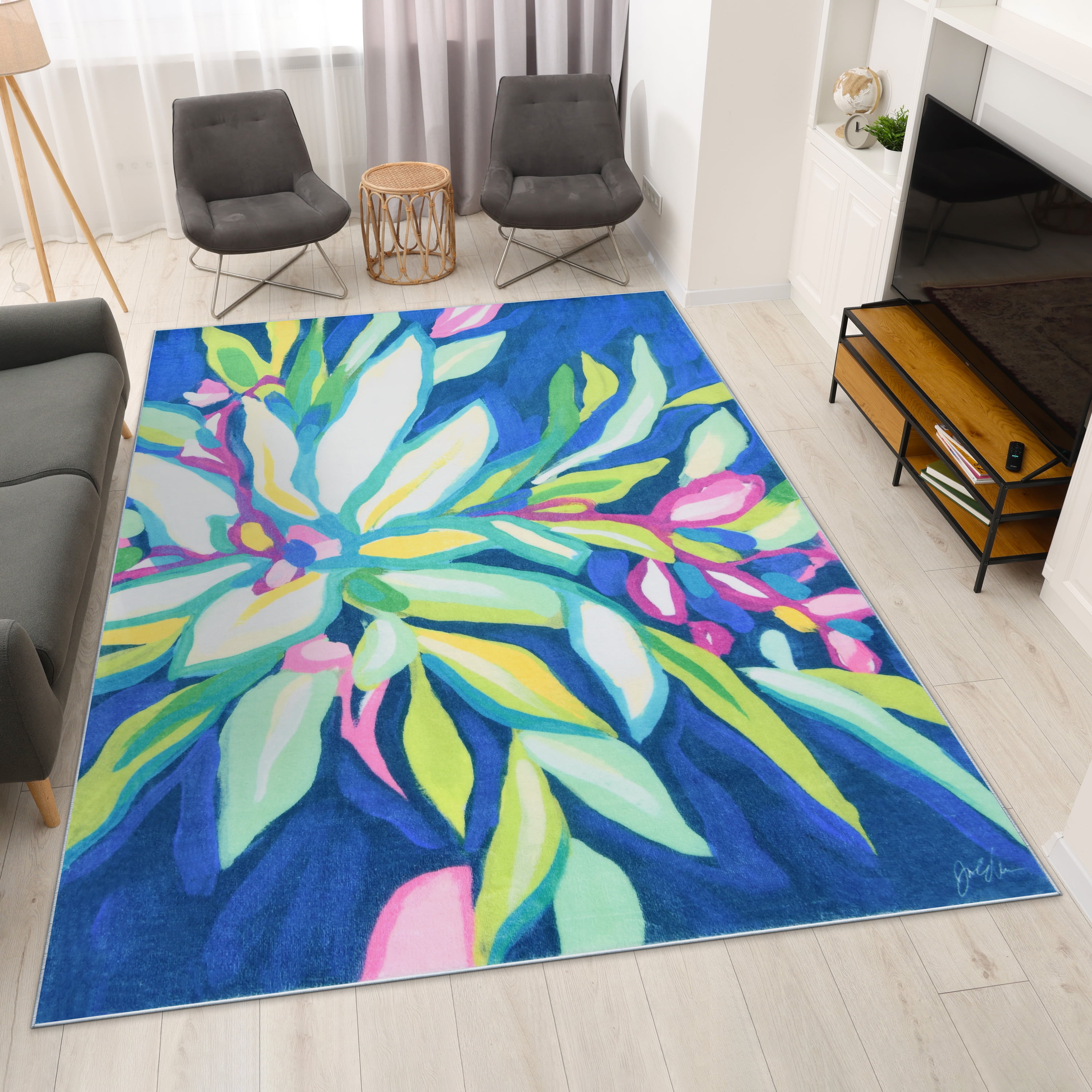 Blue Tropics I, 8'x10' Hand Washable Flowers Art Area Rug