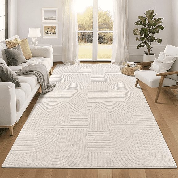 6'x 9' Geometric Beige Area Rug Washable, Durable Non-Slip Indoor Carpet with Soft High-Low Pile, Fluffy Floor Rugs for Living Room, Bedroom, Home Office Décor