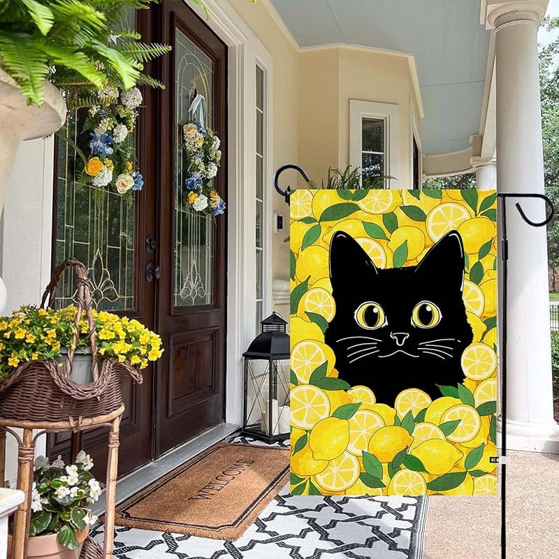 Summer Funny Black Cat Garden Flag Double Sided Summer Lemon Fruit Welcome Small Yard Flag Burlap Seasonal Farmhouse Outside Outdoor Decoration