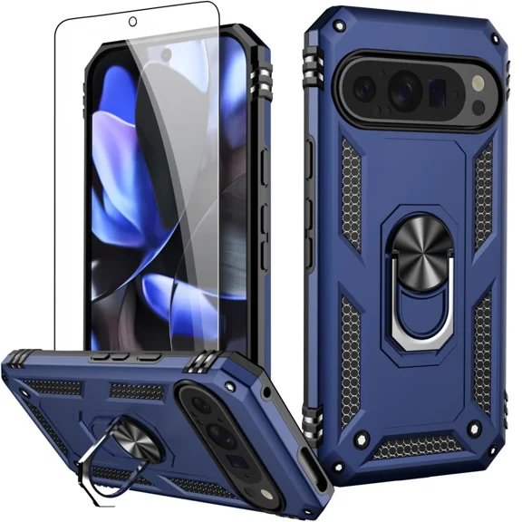 Starshop For Google Pixel 11 Pro Phone Case Cover Shockproof Ring Stand Case With Glass Screen Protector - Blue