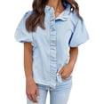thumbnail image 7 of VJGBEGW Women Striped Blouses Spring Summer Ruffle Collar Puff Sleeve Button Down Shirts Business Casual Tops Blue M, 7 of 7
