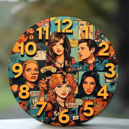 Pop Art Women Wall Clock Vintage Style Home Decor 10-Inch Silent Wooden Wall Clock, Battery Operated (AA Batteries Not Included), Artistic Home Decor