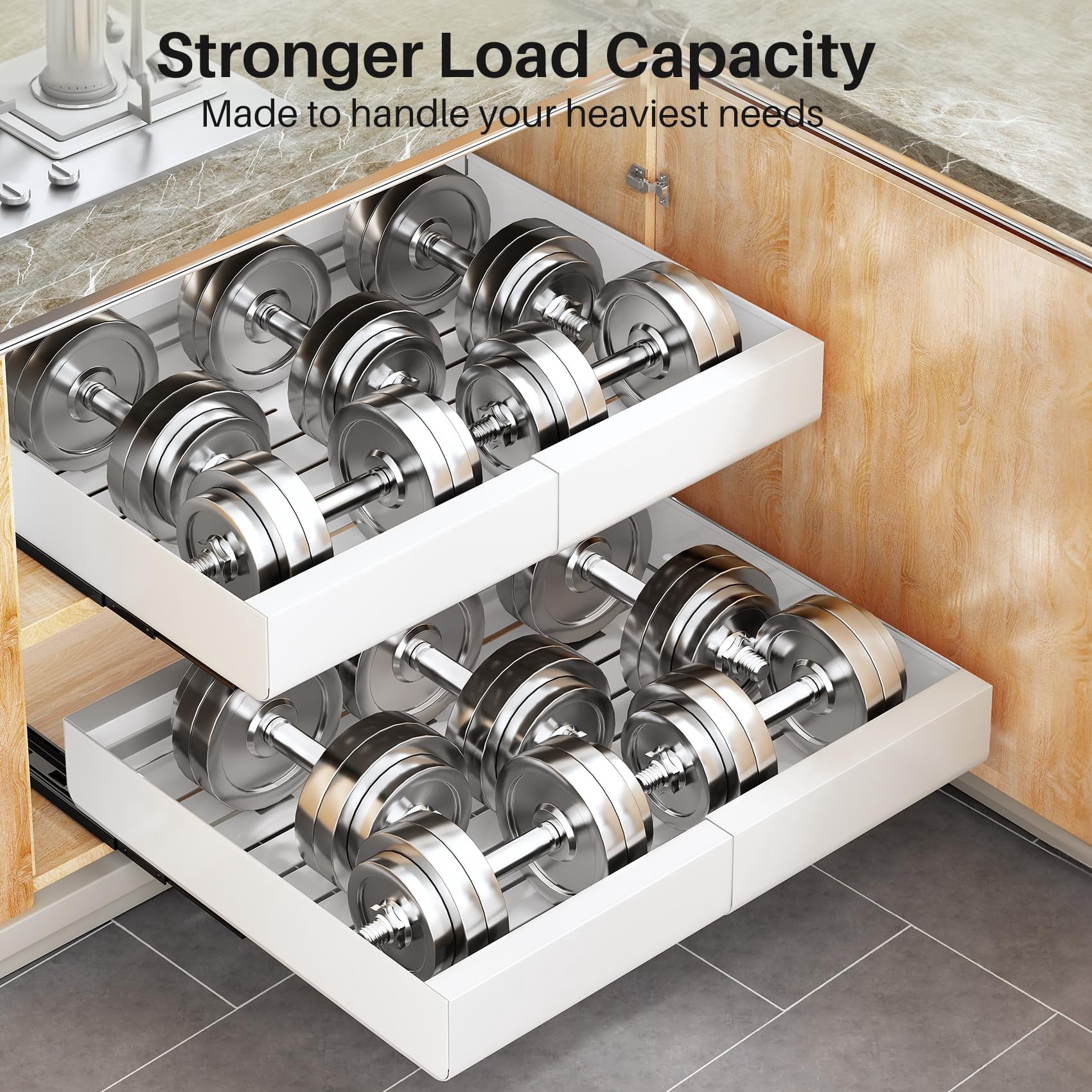 FOUKUS 2 Pack Adjustable Width 12″–20″ Pull Out Cabinet Organizer: Heavy-Duty Expandable Slide Out Drawer for Kitchen Cabinet, Rust-Resistant Carbon Steel Rack, No Drill Under Sink Storage Shelf