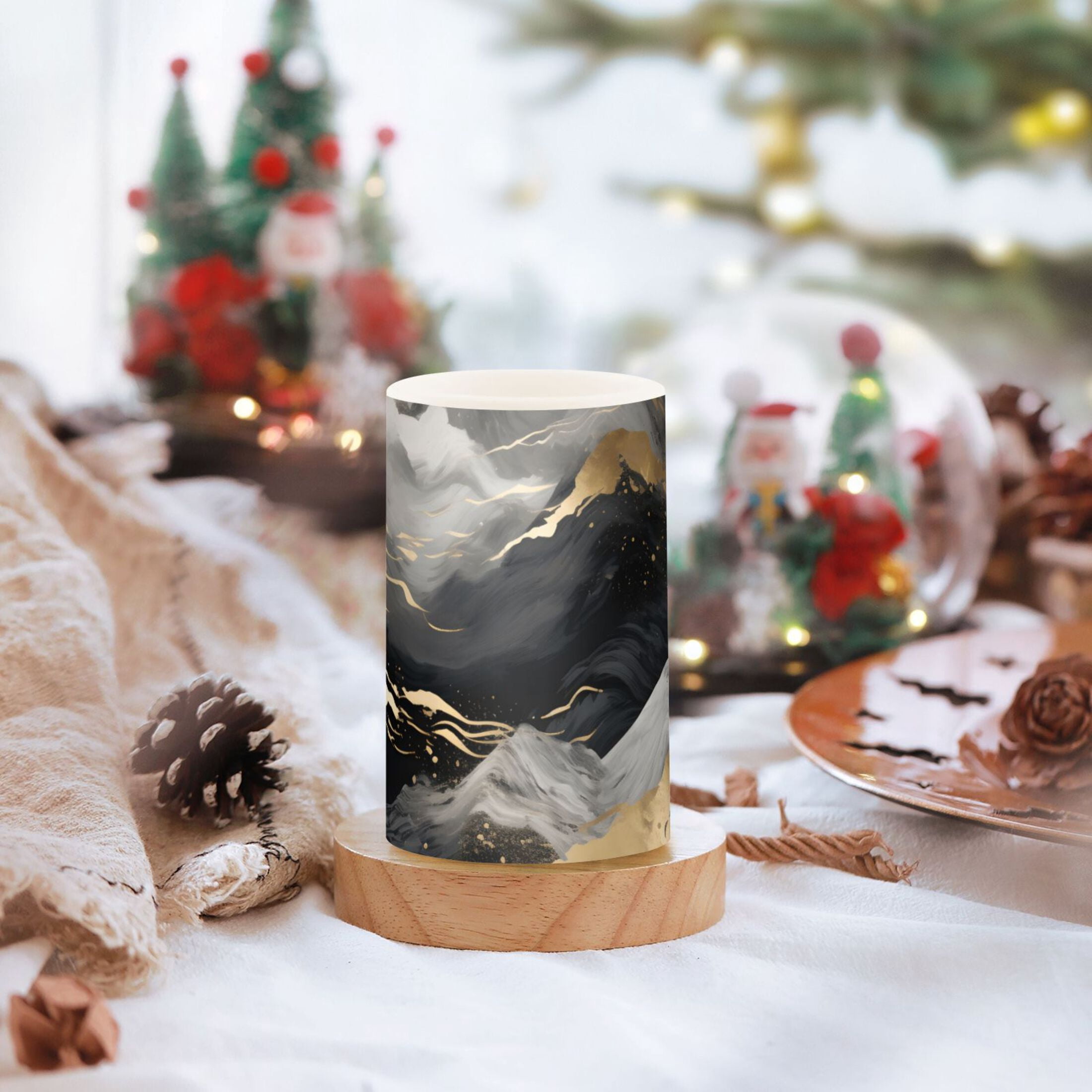 Gold Black White Marble Flickering Flameless LED Candles set of 2 Battery Operated 18-Key Remotes Timer Halloween Fall Decor D3''xH4''5''