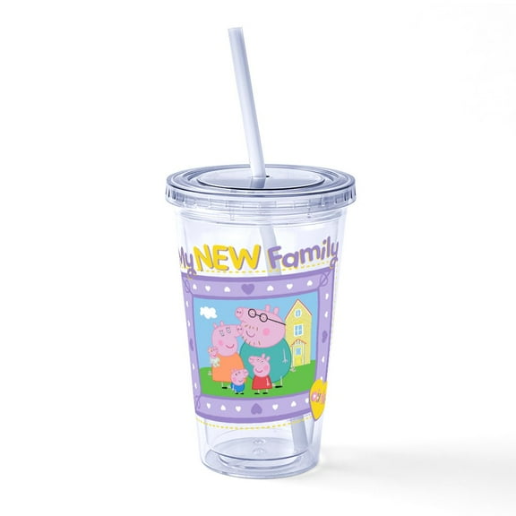 CafePress - Peppa Pig: My New Family - 16 Ounce Classic Clear Insulated Double Wall Tumbler Cup with Lid Straw , Reusable