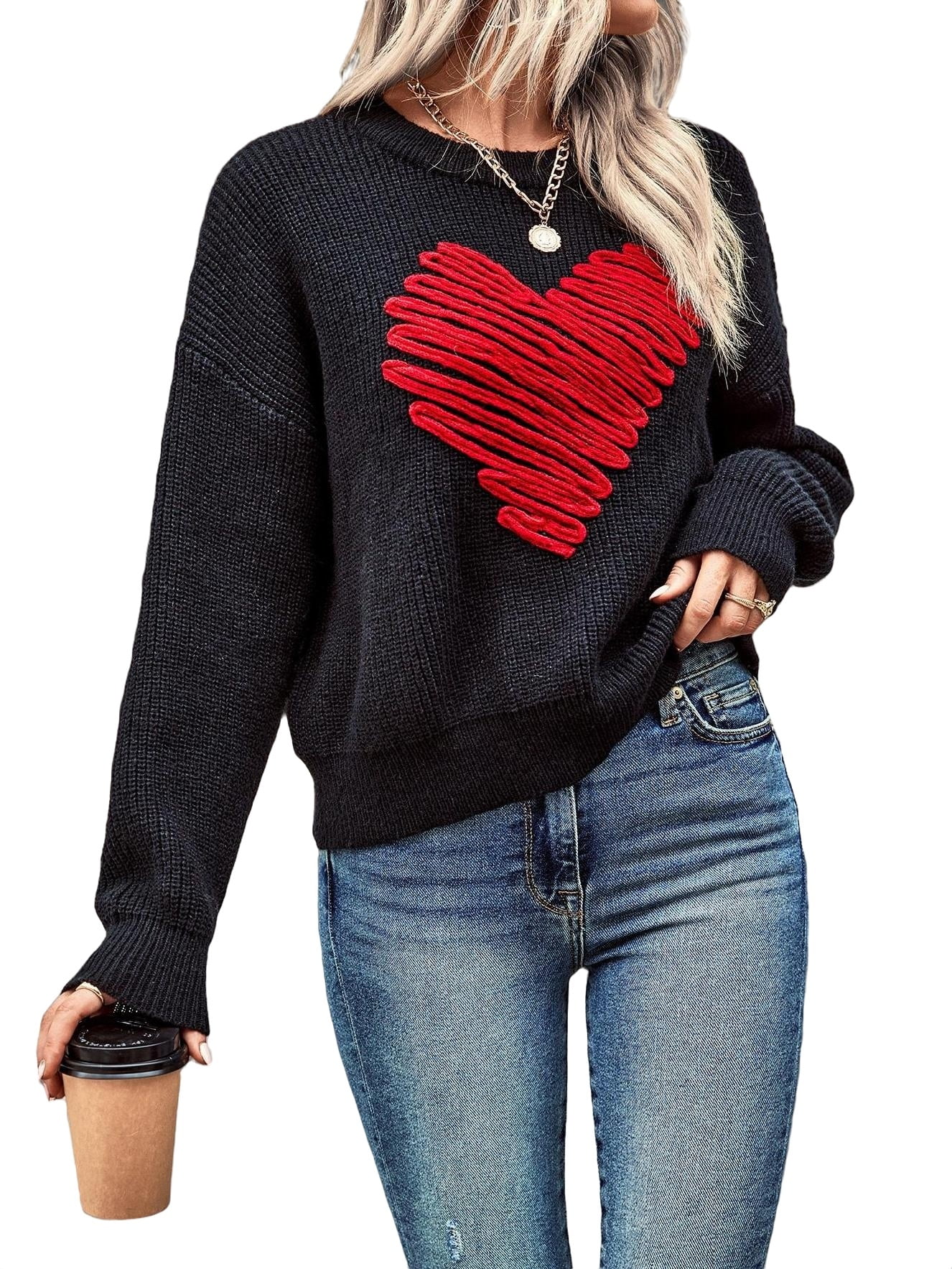 Casual Heart Pattern Round Neck Pullovers Long Sleeve Black Women's ...