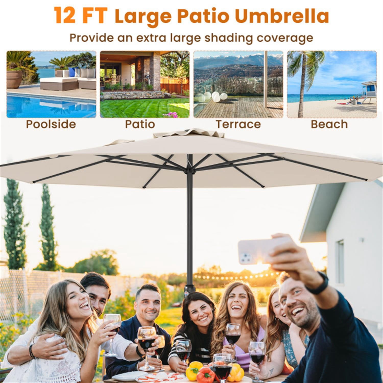 Demi Bonn 12 Feet Outdoor Patio Umbrella with Crank Handle and 8 Sturdy Ribs, Outdoor Table Umbrella, Yard Umbrella, Beige