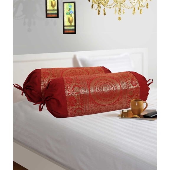 Stylo Culture Ethnic Polydupion Cylindrical Hotdog Pillow Bolster Pillow Covers Maroon Jacquard Brocade Border Mandala Large Settee Cylinder Cushion Covers (Set of 2) | 30x15 Inches (76x38 cm)