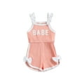 thumbnail image 1 of Kiapeise Baby Girl Sleeveless Halter Ruffle Romper Letter Print Wide Leg Romper Spaghetti Strap Knit Jumpsuit Overalls Shorts, 1 of 8