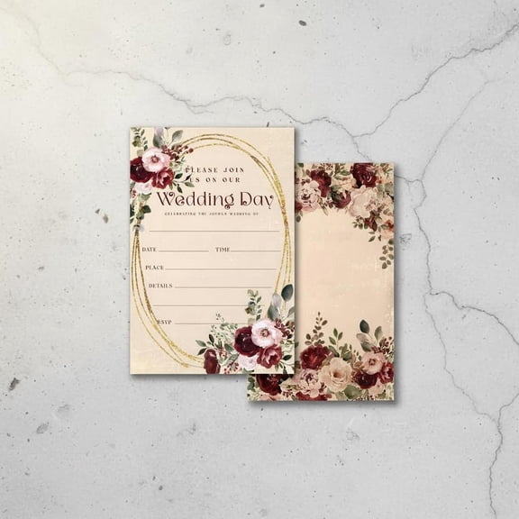 Burgundy Floral Wedding Invitations – Cards with Envelopes, Elegant Vintage Gold Frame and Flower Design, Romantic Wedding Announcement Kit.