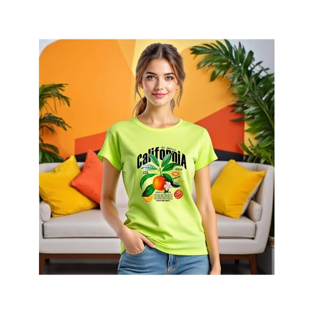 Playera Blusa De Naranjas Los Angeles California – Estilo Cítrico con Vibras del Oeste Color Verde Lima Talla Mediana Marca Emil SaEs