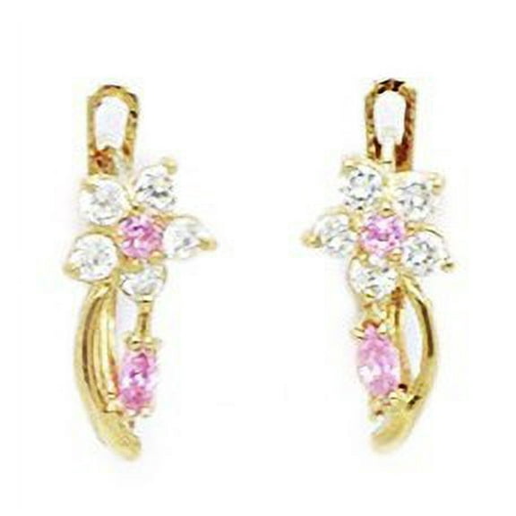 14k Yellow Gold October Pink CZ Flower Leaf Leverback Earrings - Measures 13x5mm