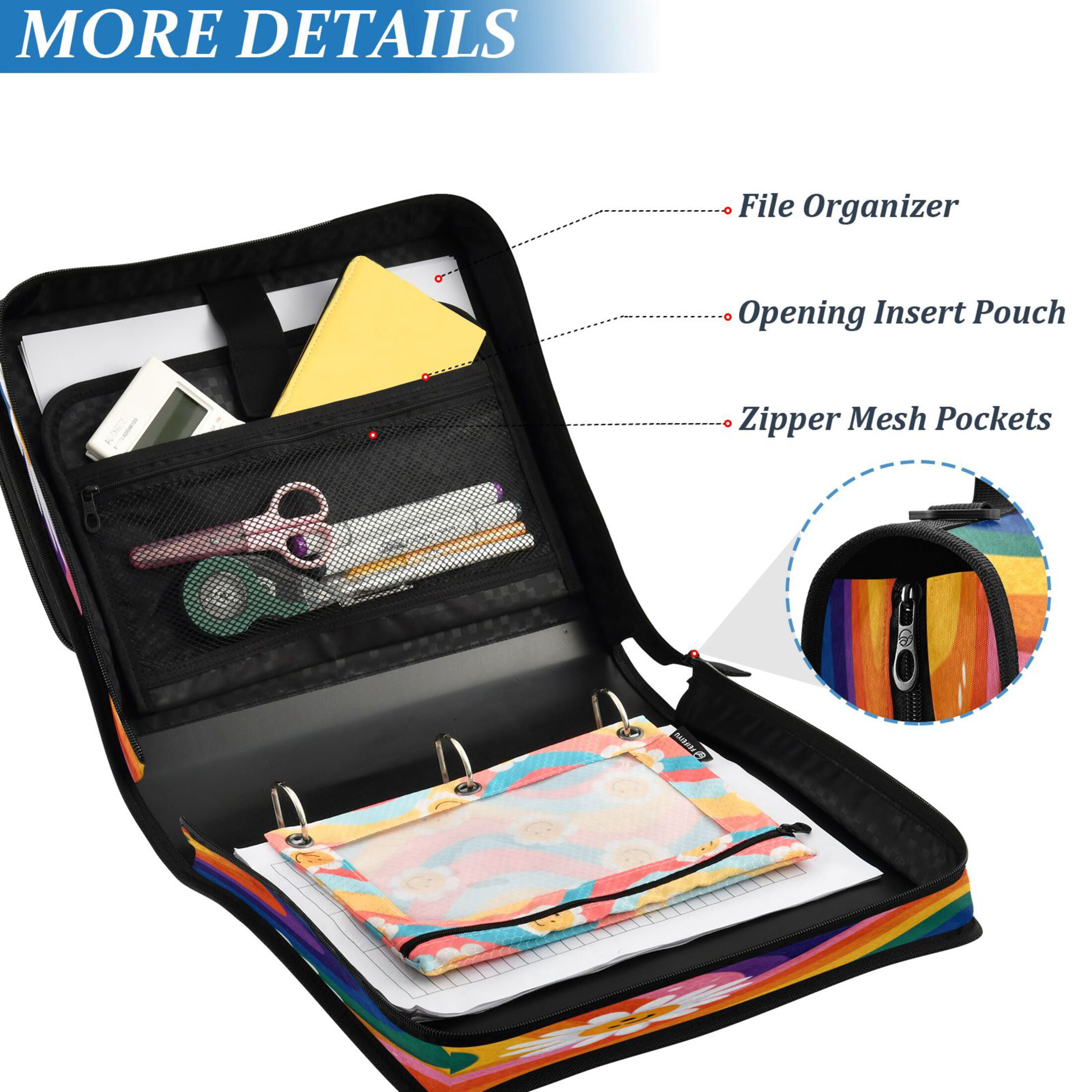 Zipper Binder 3 Rings Stationery Office Files Daily Organizer File Folder Storage Bag Rainbow-colored Waves with Daisies
