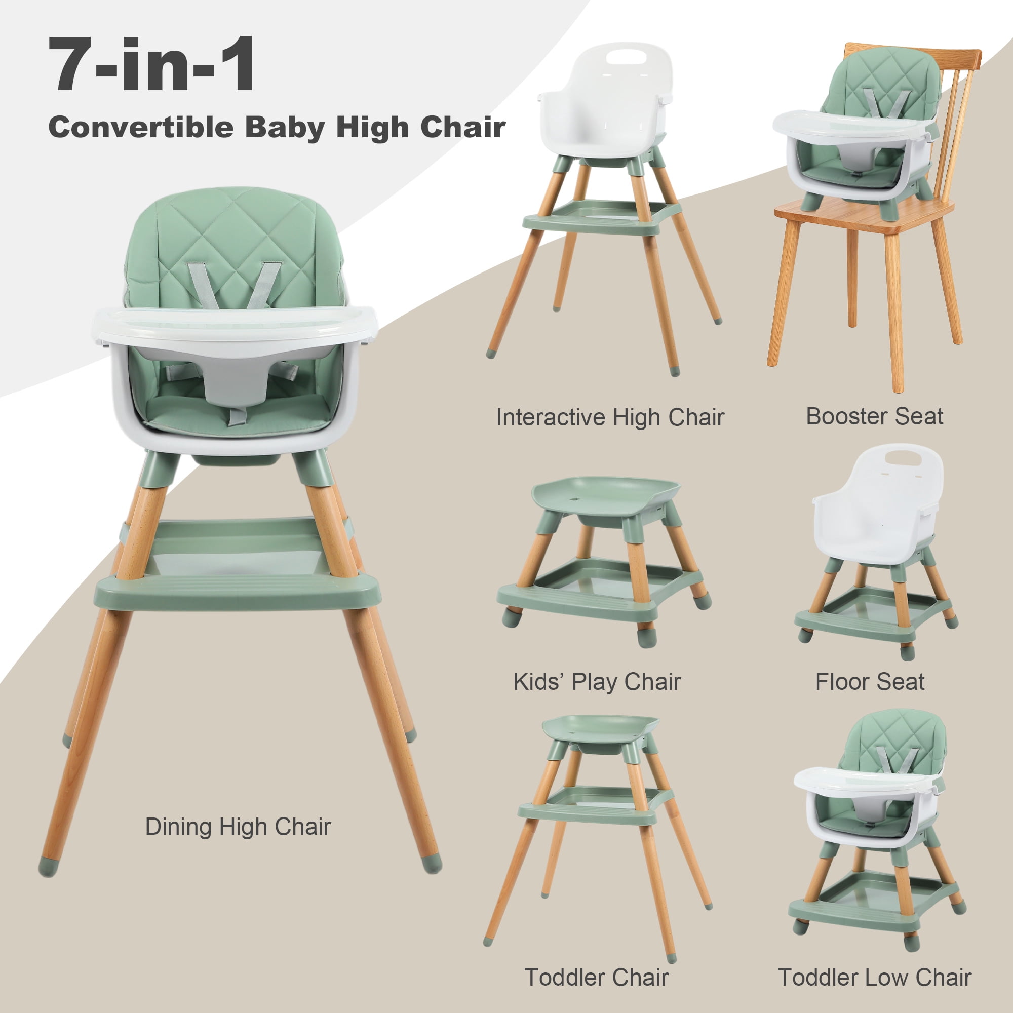 AILEEKISS 7 in 1 Wooden Baby High Chair for Toddler, Infant Feeding Chair with Removable Tray, Green