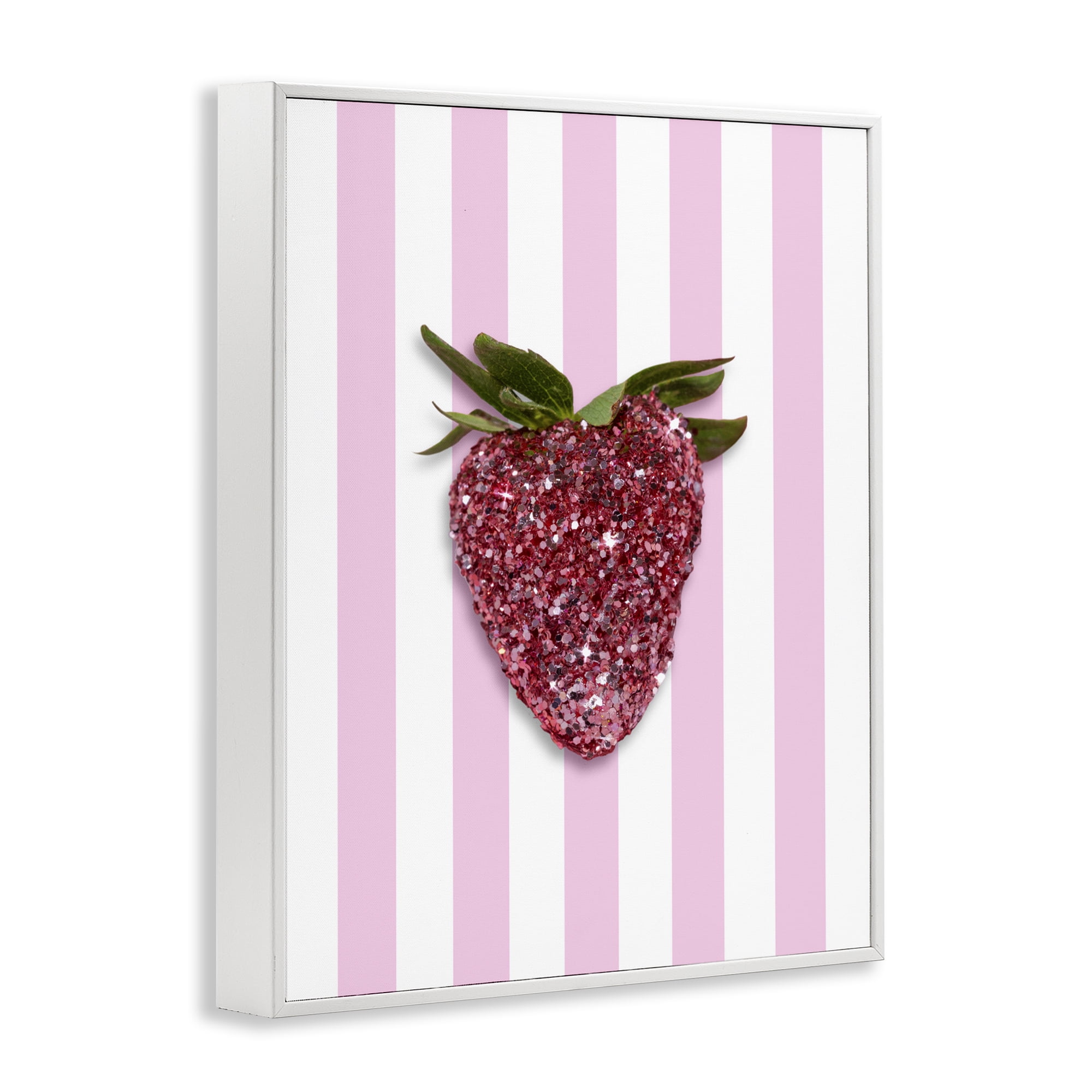 Stupell Industries Glimmer Strawberry on Green Stripes White Framed Giclee Art, design by LISH Creative