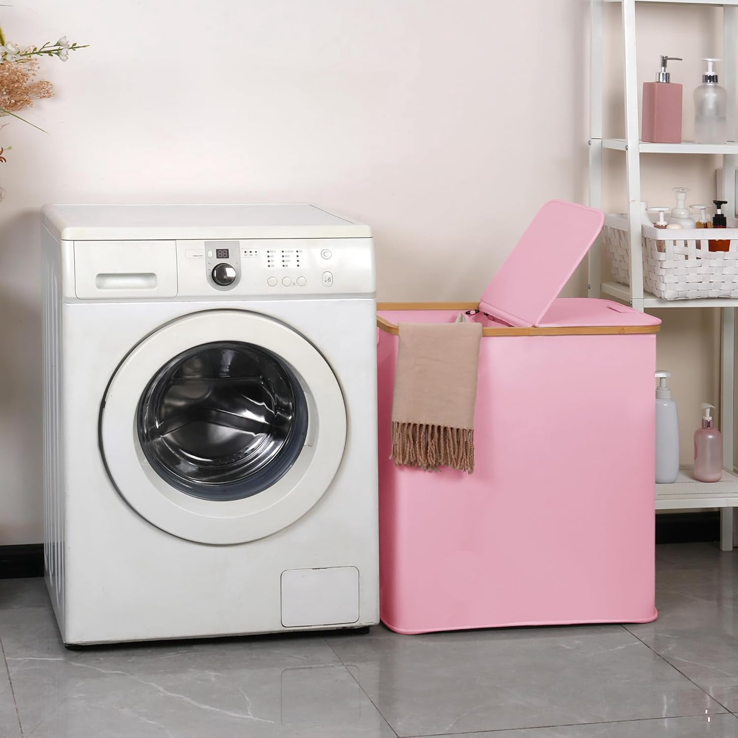 Laundry Hamper with Lid, Double Laundry Hamper with 2 Removable Bags, 2 Section Laundry Basket with Bamboo Handles for Bathroom, Bedroom & Laundry Room (Pink, 140L Dual)