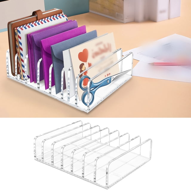 Acrylic Transparent Mail Organizer for Desk with 7 Slots - Envelope and Bill Holder Letter Sorter Document & Notebook Storage & Craft Stationery Accessory