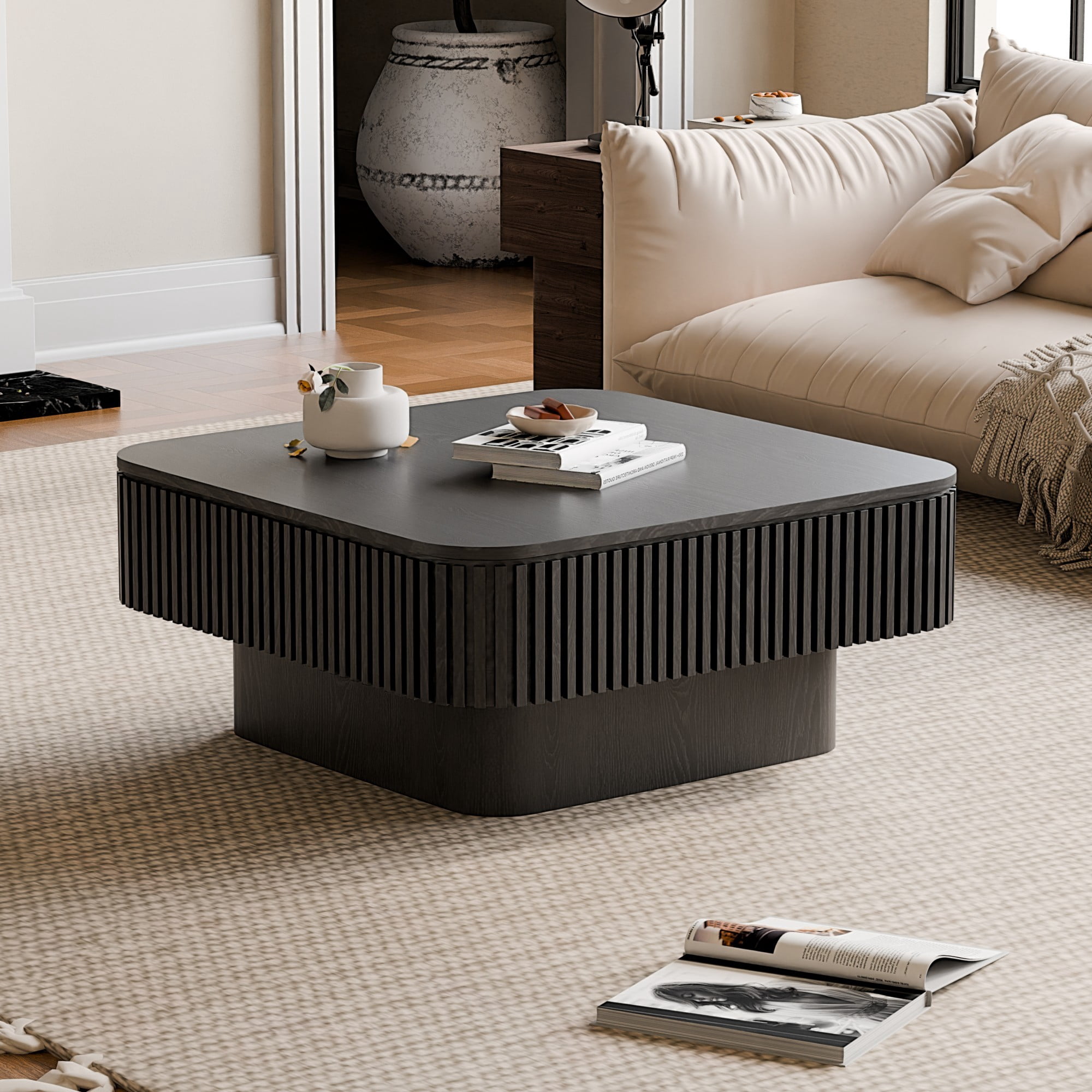 31.5" Square Coffee Table with Storage, Modern Fluted Coffee Table with Hidden Compartment, Wood Veneer Center Table for Living Room, Black
