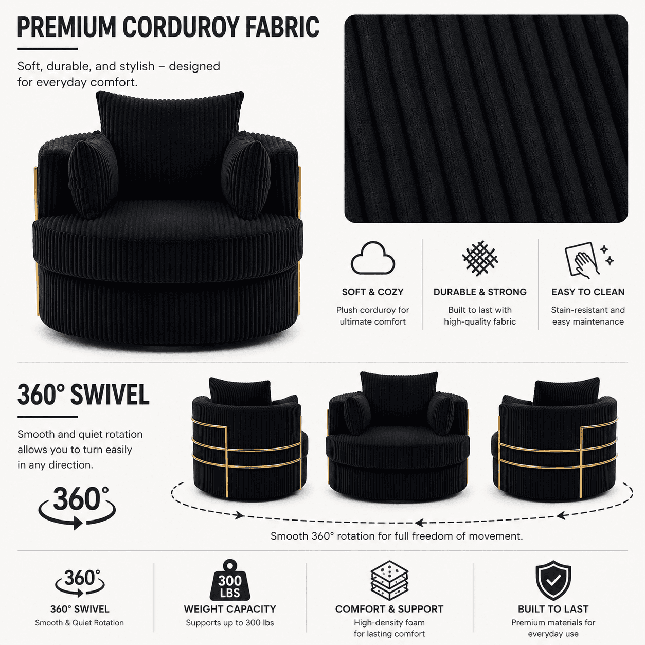 MOONMISS Swivel Barrel Accent Chair with Hidden Storage,Corduroy Round Single Sofa,Gold Metal Frame,for Living Room Reading Nook,Black
