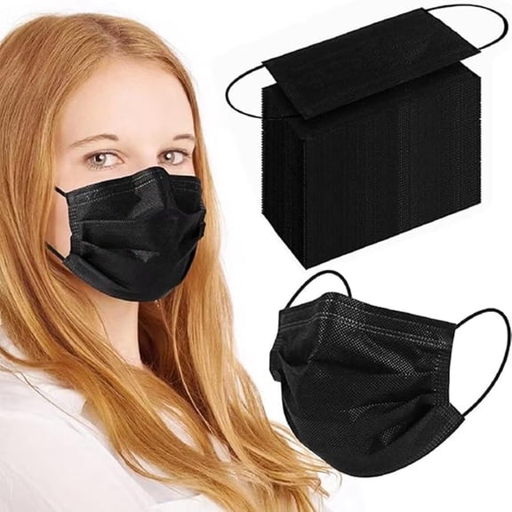 CUDIAO 100Pcs Black Disposable Face Mask, 3 Ply Black Face Masks with Soft Elastic Ear Loops 3-Ply Protection Black Face Masks Disposable