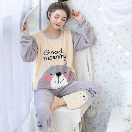 

DanceeMangoo New Autumn Winter Warm Flannel Women Pyjamas Sets Thick Coral Velvet Long Sleeve Cartoon Sleepwear Flannel Pajamas Set Girl