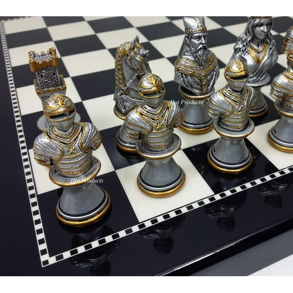 Medieval Times Crusades Gold  Silver Busts Chess Set W/ 15" Black  White Board