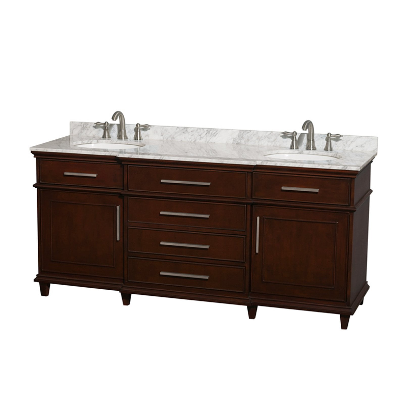 Wyndham Collection Berkeley 72 Inch Double Bathroom Vanity In Dark Chestnut With White Carrera Marble Top With White Undermount Oval Sinks And 70 Inch Mirror Walmart Com Walmart Com