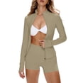 thumbnail image 3 of Dresfit Gym Sets Womens Long Sleeve Zip Up Jacket 2026 Sumemr High Waisted Quick Dry Seamless Yoga Shorts Slim Fit Straight Sports Outfit Khaki XL, 3 of 7