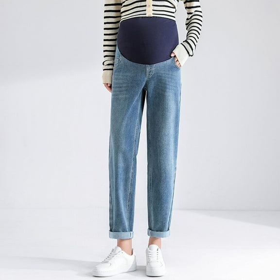 Eltusu Women Maternity Jeans, Straight Leg Elastic Waist Stretchy Spring Fall Pregnancy Denim Pants Light Blue Size M-2XL