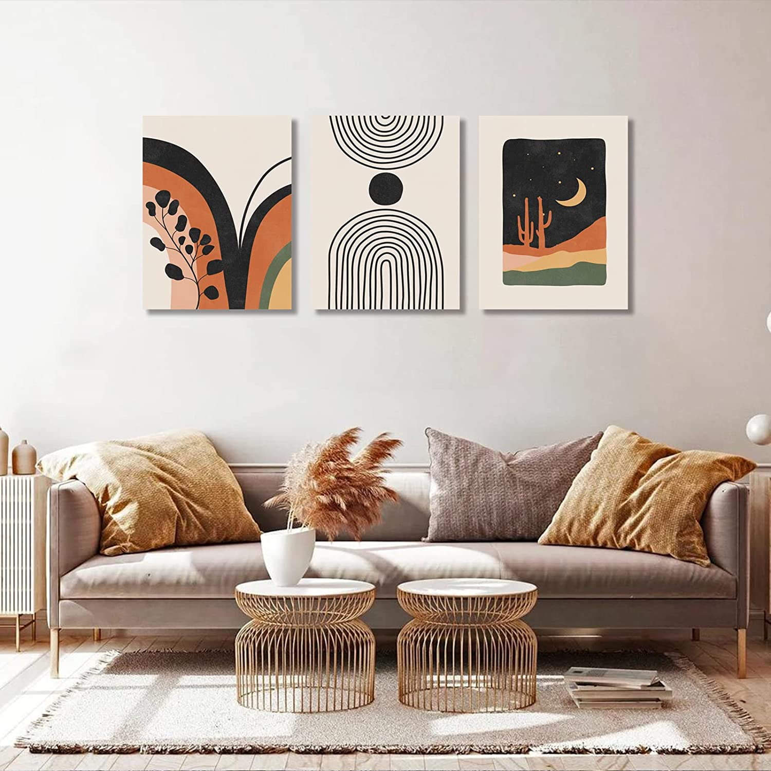 Boho Wall Art, Mid-Century Modern Wall Prints, Minimalist Framed Canvas Paintings Black Beige Orange Moon Plant Desert Geometric Neutral Abstract Artwork Pictures Boho Wall Decor 12"x16"x 3