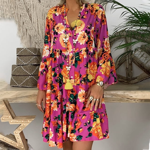 Robes pour Femmes Dames Grande Taille Ample Imprimé Manches Longues V Bouton Mini Robe d'Été Rouge L