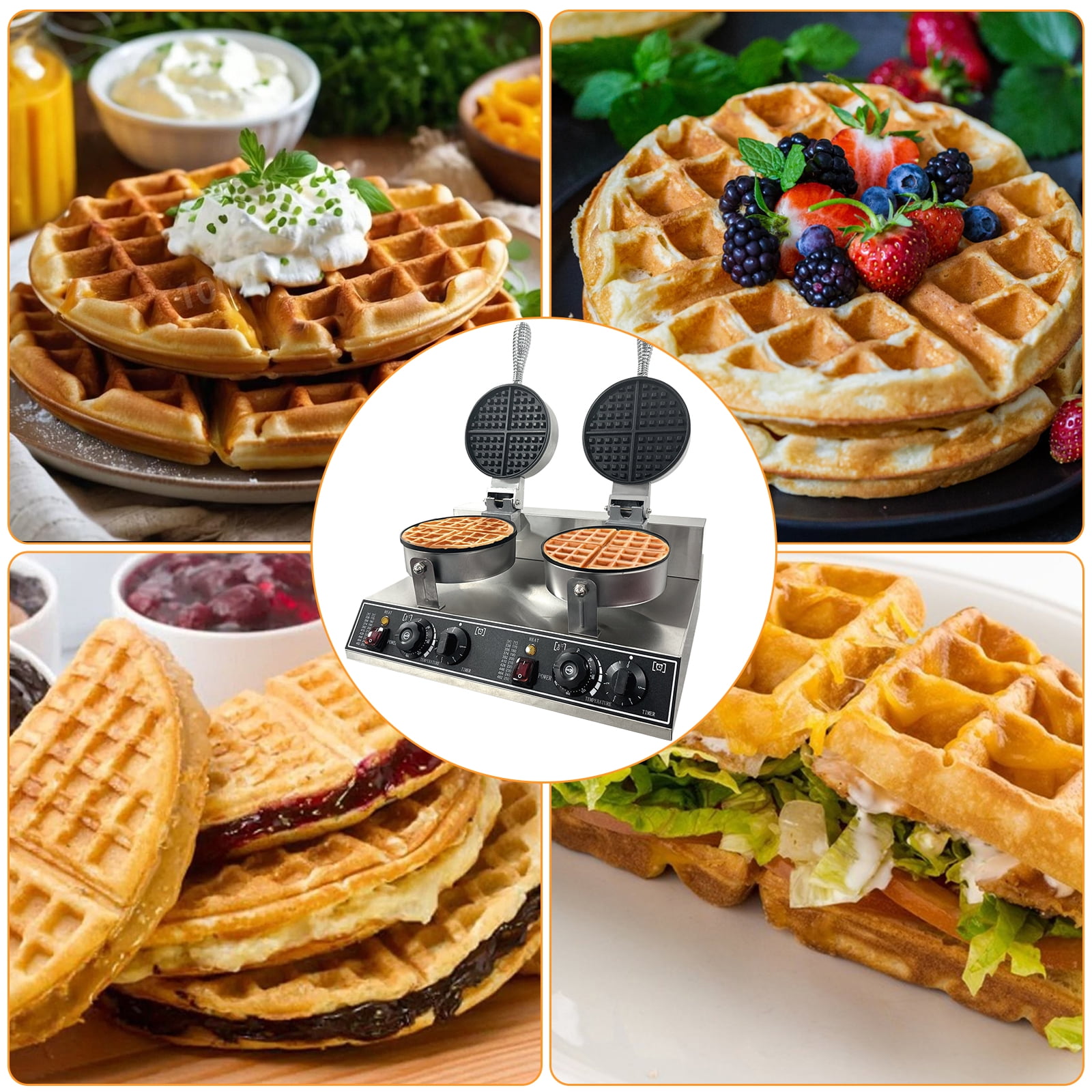 Festisoul Double Head Commercial Waffle Maker, 2400W Stainless Steel Nonstick Waffle Iron with 122℉ to 572℉ Temp Range for Home Restaurant Snack Bakeries