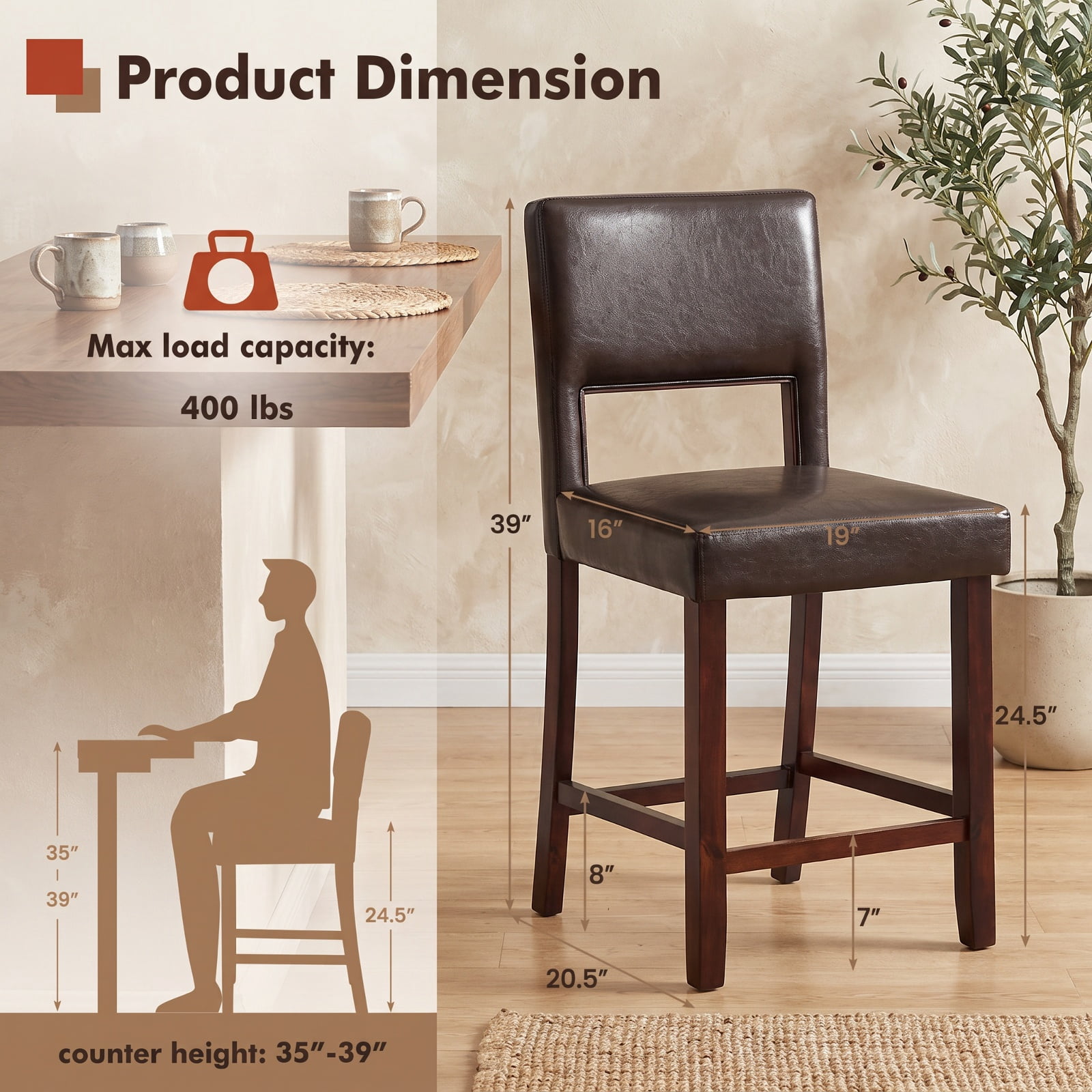 Furnibear Set of 2 Bar Chairs with Hollowed Back and Rubber Wood Legs in Brown
