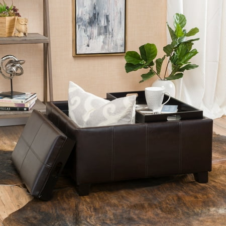Justin 2 Tray Top Brown Leather Ottoman Coffee Table W Storage Justin 2 Tray Top Brown Leather Ottoman Coffee Table W Storage