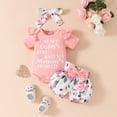 thumbnail image 2 of Newborn Outfits Baby Girl Ruffle Ribbed Baby Girl Summer Clothes Romper Floral Shorts Satin Headband Going Home Outfit Pink 0-3 Months, 2 of 7