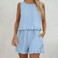 thumbnail image 5 of Feancey Plus Size Cotton Linen Sets for Women Sleeveless Crop Tank Top and Ruffle Shorts Lounge 2 Piece Set Summer Casual Vacation Outfits with Pockets Sky Blue XXL, 5 of 10