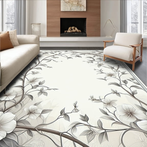 ODIKA 4'x6' Machine Washable Non-Slip Area Rug, Elegant Floral Medallion with Subtle Leaf Motifs and Curved Vines High Traffic Rug, Beige, 226064