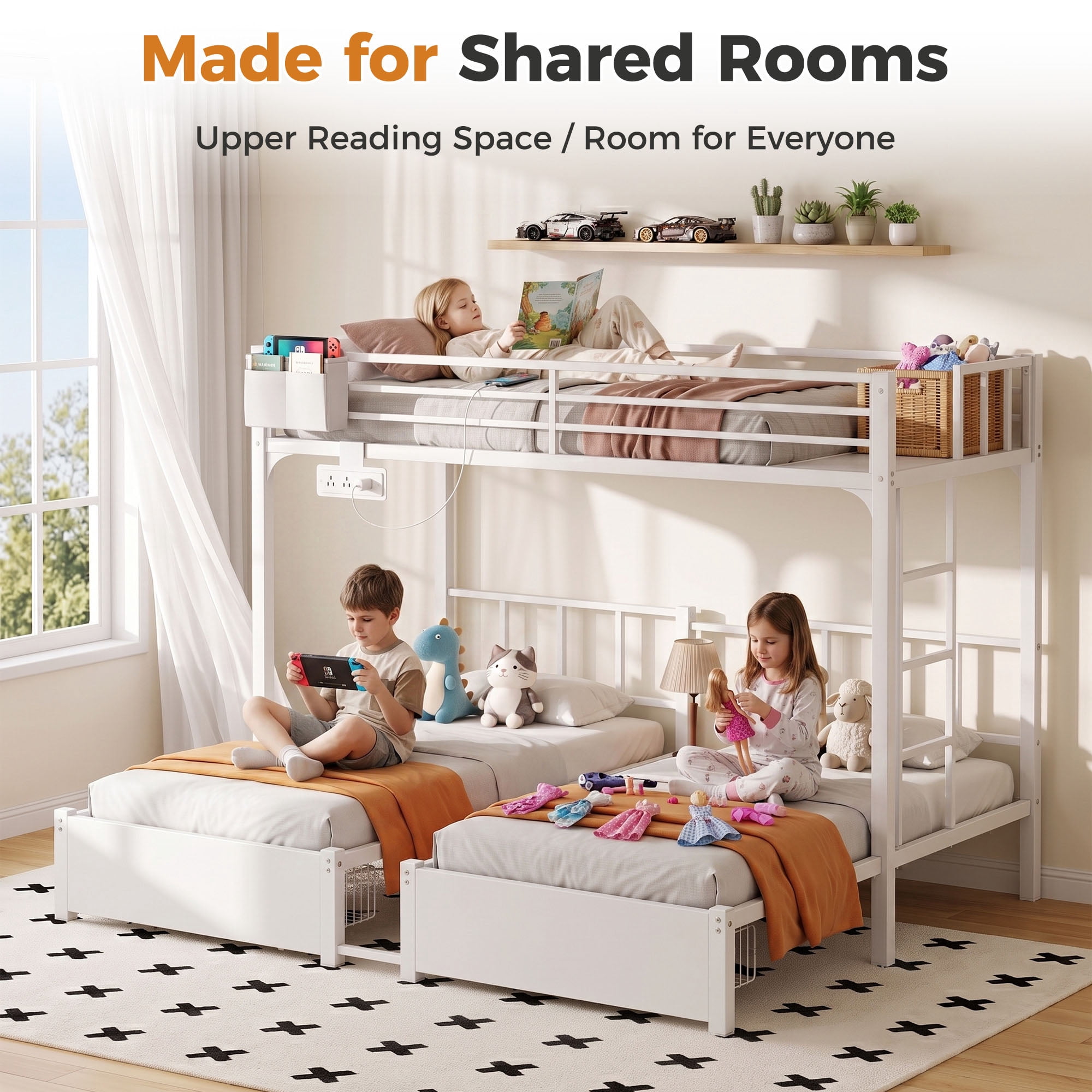 Miniyam Triple Bunk Bed with 2 Storage Drawers, Twin Over Twin Over Twin XL, LED Light and Power Strip, White