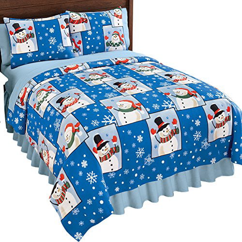 Festive Snowman and Snowflake Blue Sheet Set Cheerful Holiday Bedding for Any Size Bed