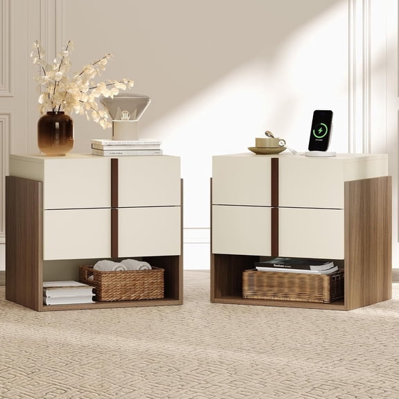 Modern Nightstand with Charging Station, USB & Type-C Ports, 2 Drawers and Open Shelf, 20” Two-Tone Beige and Light Walnut Bedside Table, Compact Wood End Table for Bedroom or Living Room